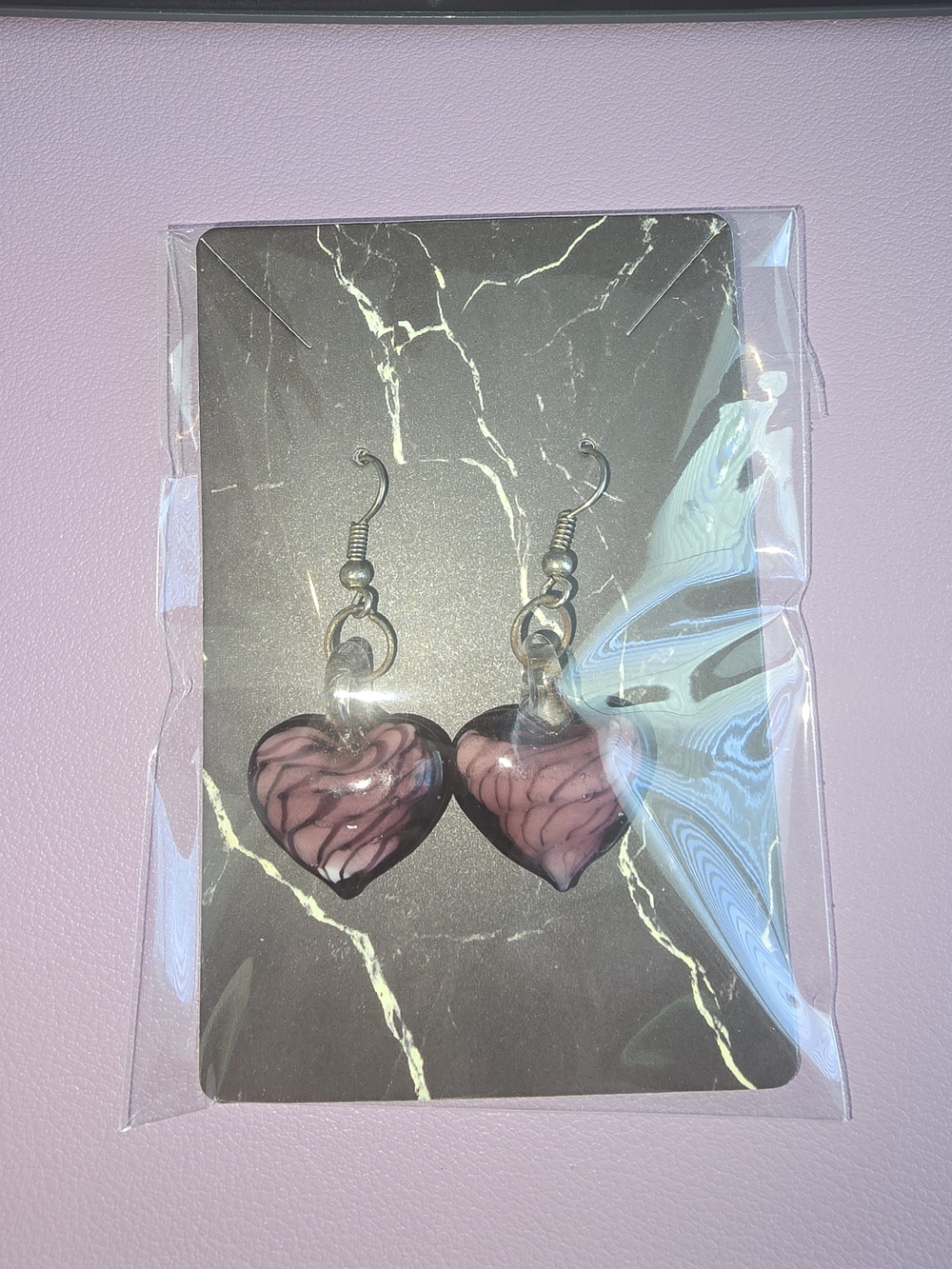 Purple 💜 Swirl Murano Style Heart Glass Drop Earrings - Picture 4 of 4